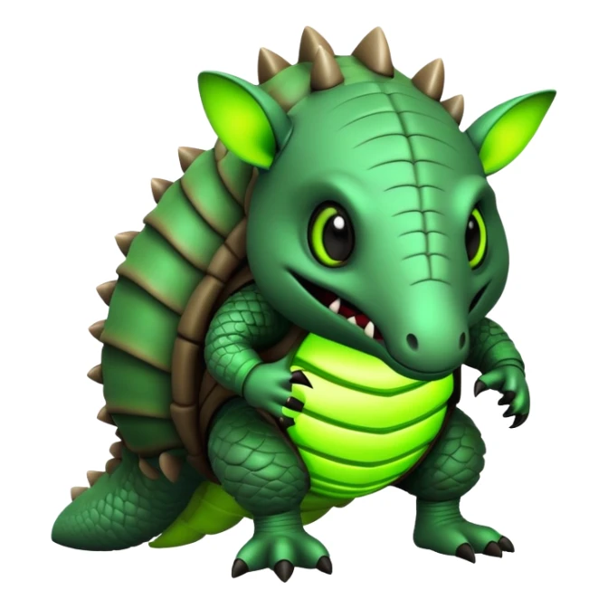 Biohazard armadillo. has black skin and a dark, segmented shell, with the middle sections of each segment glowing in a toxic lime green. The armadillo's face has a twisted, evil grin. His eyes are wide and intense, glowing in the same toxic green. sticker