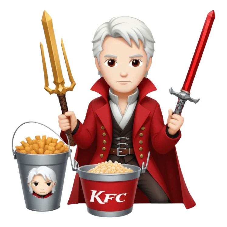 Dante from Devil May Cry sitting in a KFC bucket, red coat, white hair, rebellion sword sticker