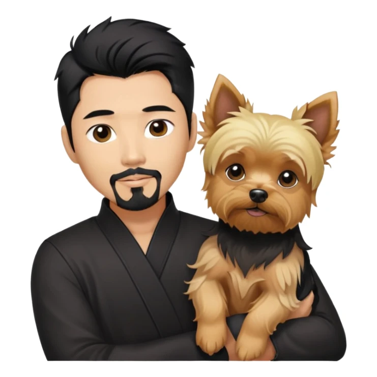 Dark haired Korean Asian handsome man with black pointy hair full goatee.   Holding one blonde yorkie.  sticker