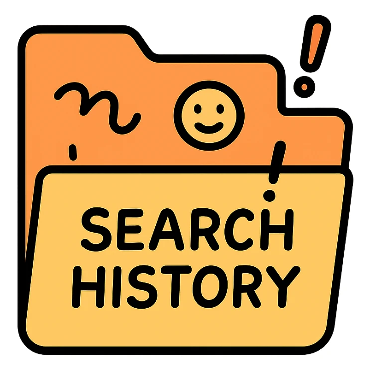 cartoon icon of a file folder labeled 'search history' with comical doodles and exclamation marks sticker