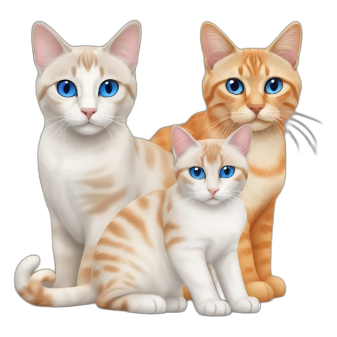 three cats, one lynx point siamese cat with blue eyes, one orange and white tabby cat, and one all orange cat sticker