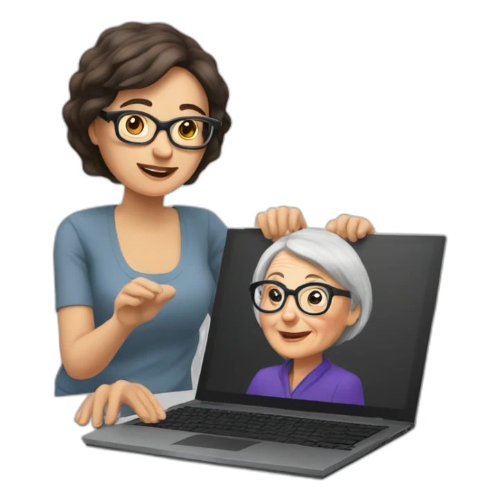 Brunette with glasses coaching old woman on computer sticker