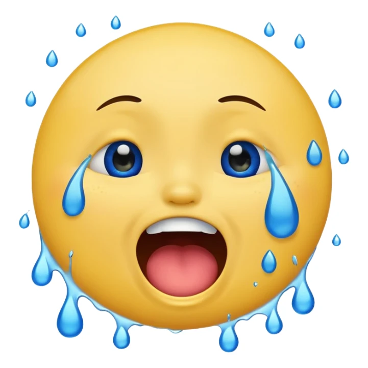 Emoji, yellow round laughing face, open mouth with Splashing blue tears from the eyes  sticker
