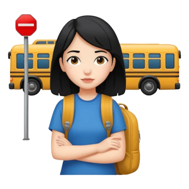 girl with black hair leaving home waiting for bus sticker