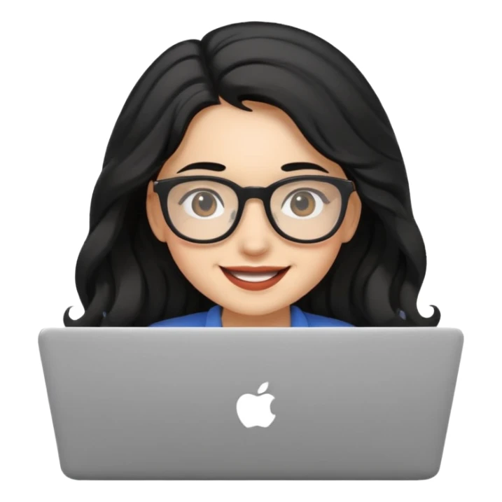 Cute female developer style sitting in front of laptop. No glasses, smiling with long hair waves. Early 20s light skin tone. Black hair sticker