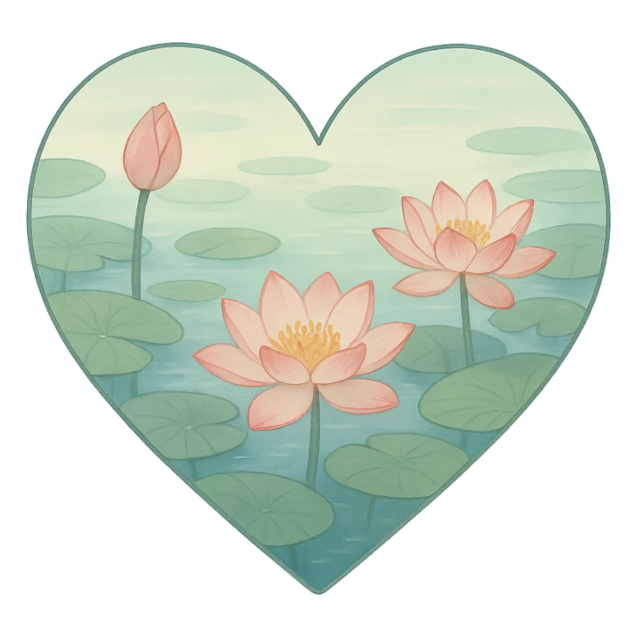 heart with a tranquil lotus blossom pond, clean digital illustration sticker