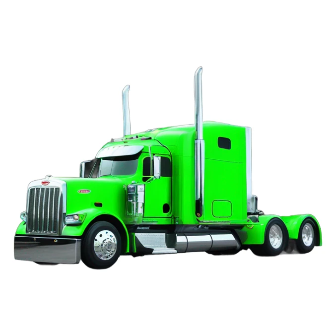 neon green peterbilt semi truck lowered on the ground with large chrome wheels and chrome smoke stacks profile view sticker