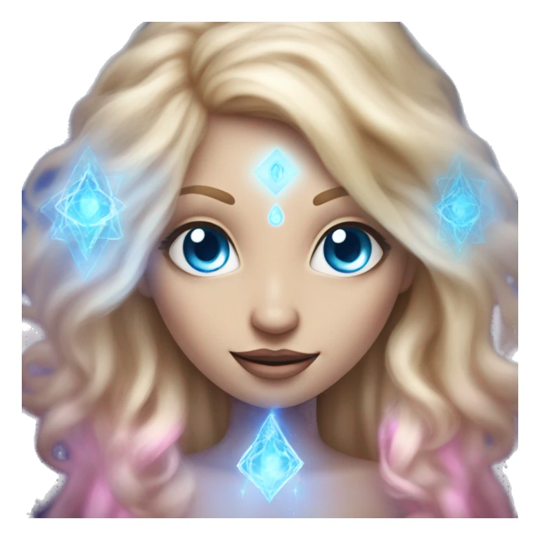 magical diva with thin pink andromedan face long blonde hair and blue eyes glowing third eye sticker