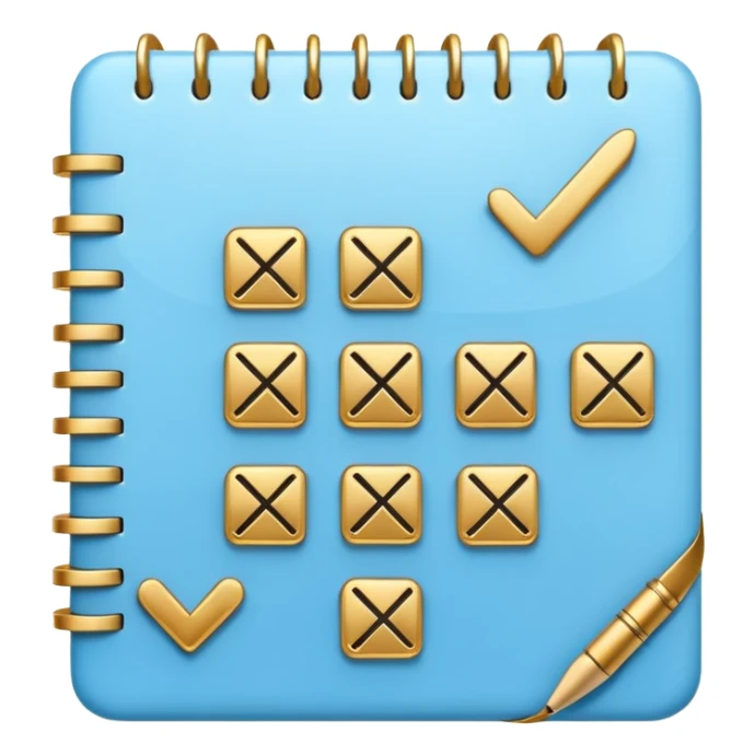 modern elegant planner with checkmarks emoji, 3D style, soft blue and gold, clean design sticker