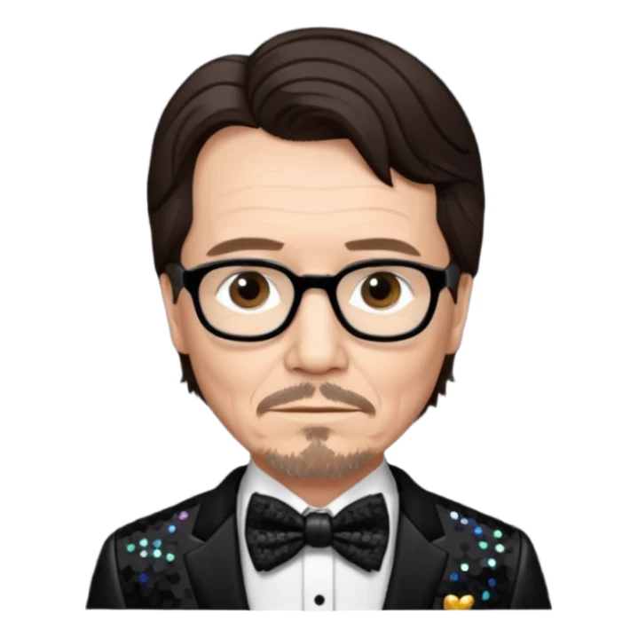 Gary Oldman with dark brown hair hair, black sequin suit with bow tie sticker