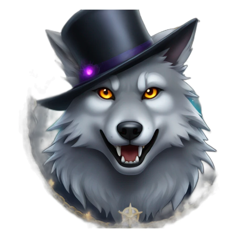 demonic wolf with a pentagram top hat and a pentagram chain with a haunting night background sticker