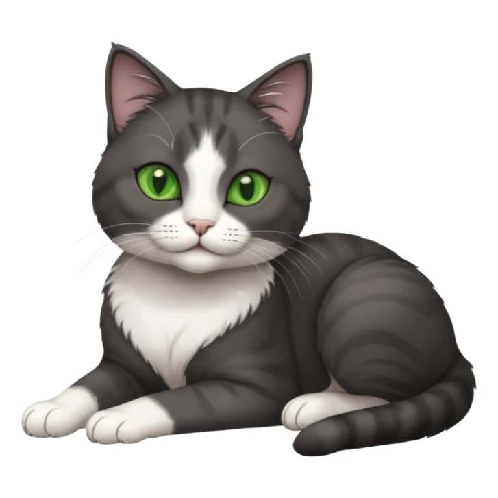 beautiful female solid dark grey cat with green eyes, white toes/paws and white patch on her chest lying down sticker