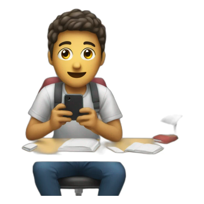 a student sitting in a desk copies what he sees in his mobile phone sticker