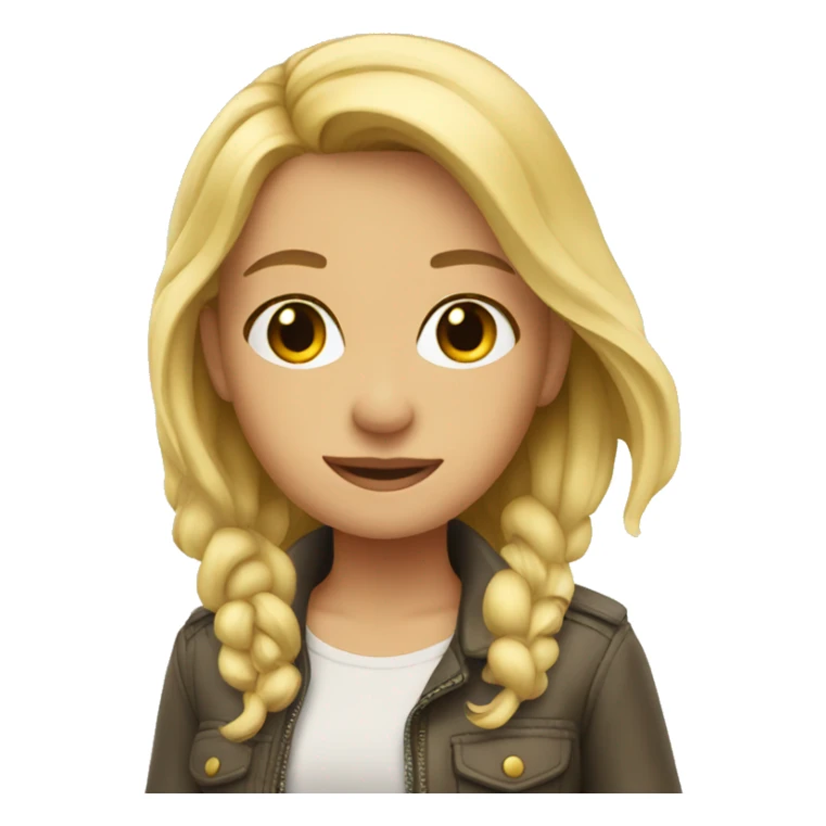 A blonde girl by a plane sticker