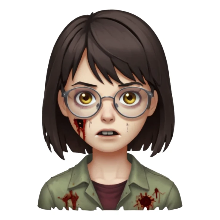 The basic iPhone emoji is a zombie girl with dark brown hair long below her shoulders bangs and a ragged haircut gray eyes glasses sticker