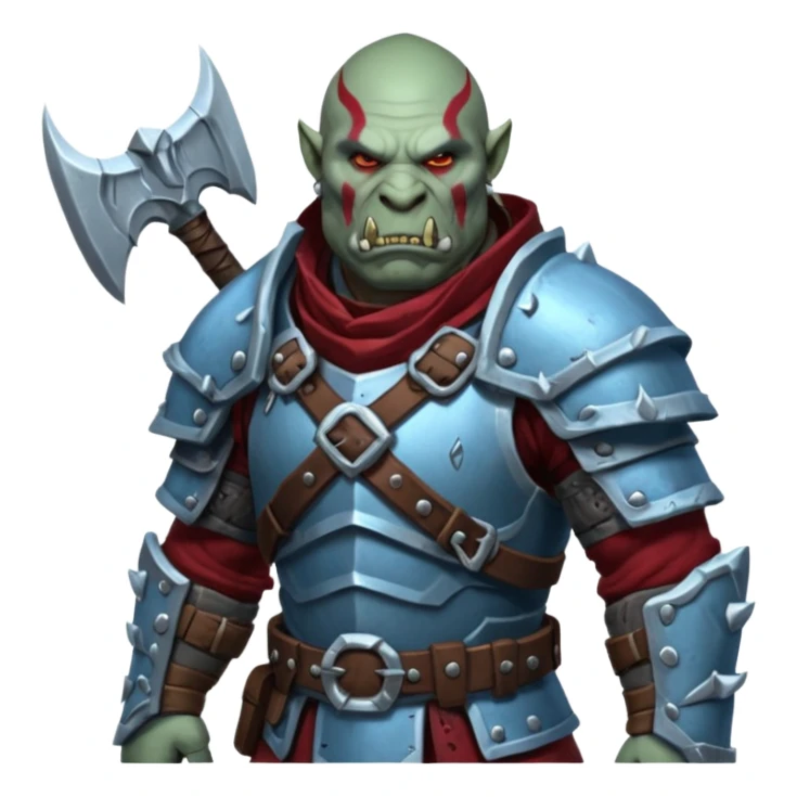 
Fantasy Christmas orc legion soldier icon, iron tundra army theme, heavy winter armor, disciplined brutal look, icy blue steel armor with deep crimson accents, frozen metal texture, cold winter atmosphere, male variant sticker