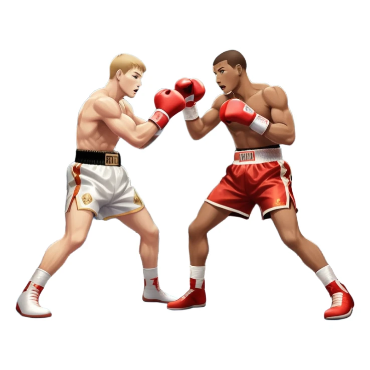 Two professional boxers in the ring fighting for the world championship title. One delivers a powerful straight punch to the head, while the other skillfully dodges. The background shows a brightly lit boxing arena with a roaring crowd. Transparent background sticker