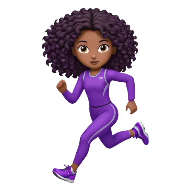 Uma boneca morena escura com olhos castanhos e cabelo cacheado longo até o peito, treinando correndo a roupa roxa com detalhes preto sticker