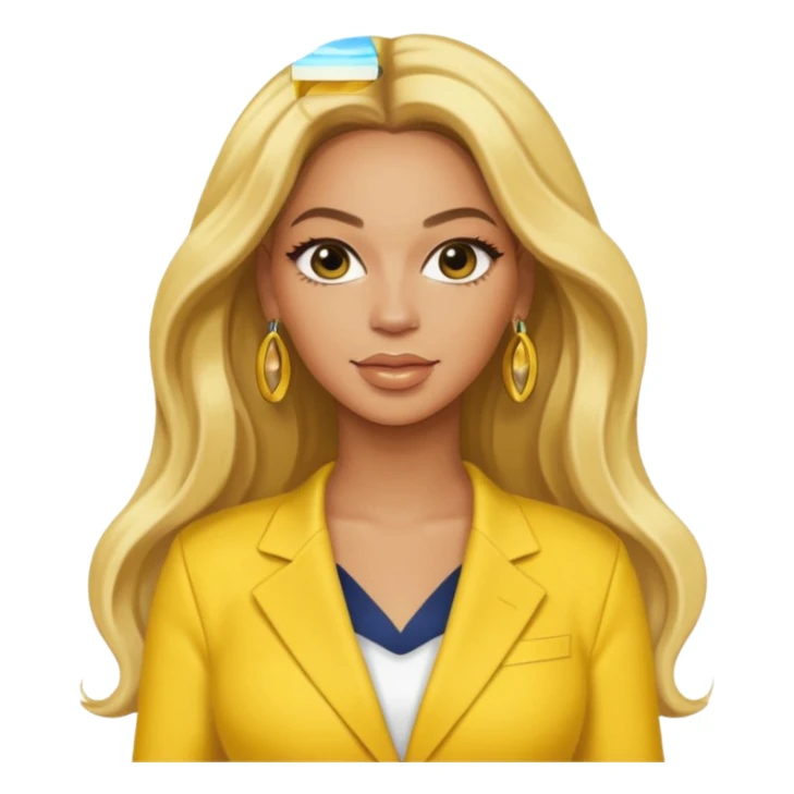 Beyonce with long blonde hair, yellow outfit and earring sticker