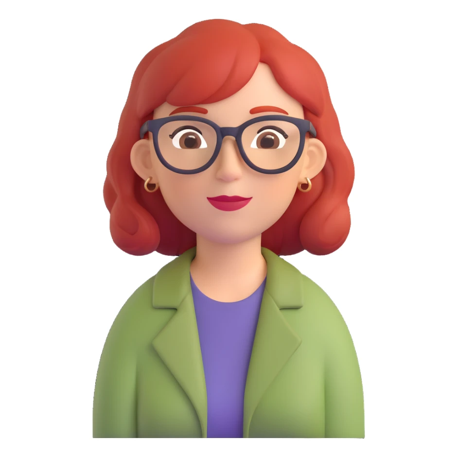 A middle-aged woman with red hair and glasses sticker