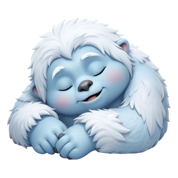 Meme-Worthy Cute Sleeping Yeti Portrait Emoji, with a charming, fluffy, snow-dusted figure in gentle whites and cool blues, head resting in blissful, serene slumber with closed, peaceful eyes and a small, contented smile, simplified yet irresistibly adorable, highly detailed with a soft frosty outline that captures the tender drowsiness of a yeti drifting into snowy dreams! sticker