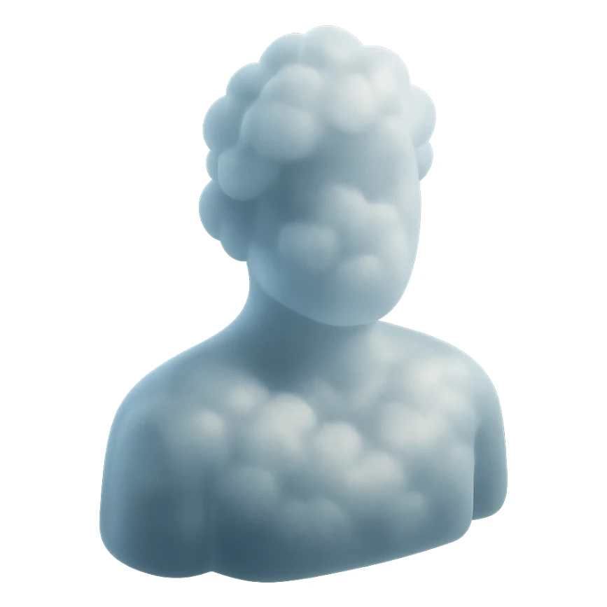person made entirely of white fluffy clouds, shoulder up, front view, matte glass style sticker