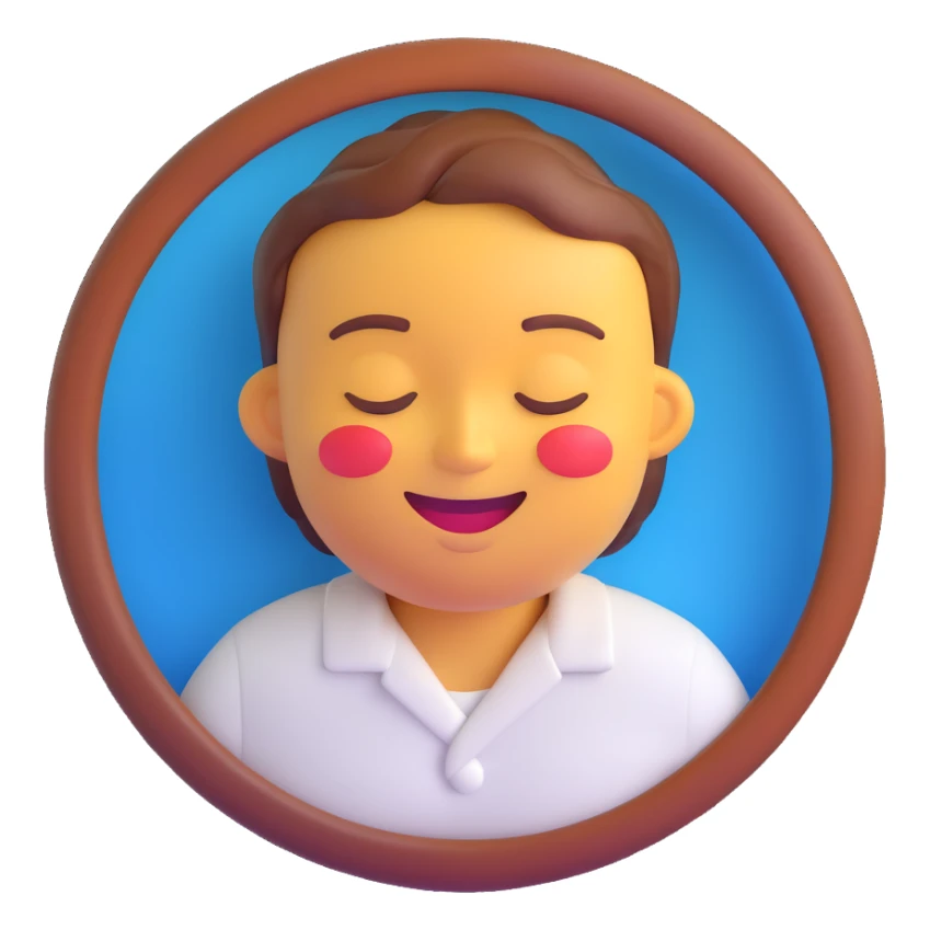 3D render of a smiling face emoji with closed eyes, glossy and realistic, as the head on a human body wearing a white shirt, centered in a circular frame with a solid vibrant blue background, playful and slightly surreal style, smooth lighting, soft shadows sticker