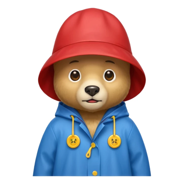 A bear in a red rain hat and a blue raincoat with yellow buttons down the middle sticker