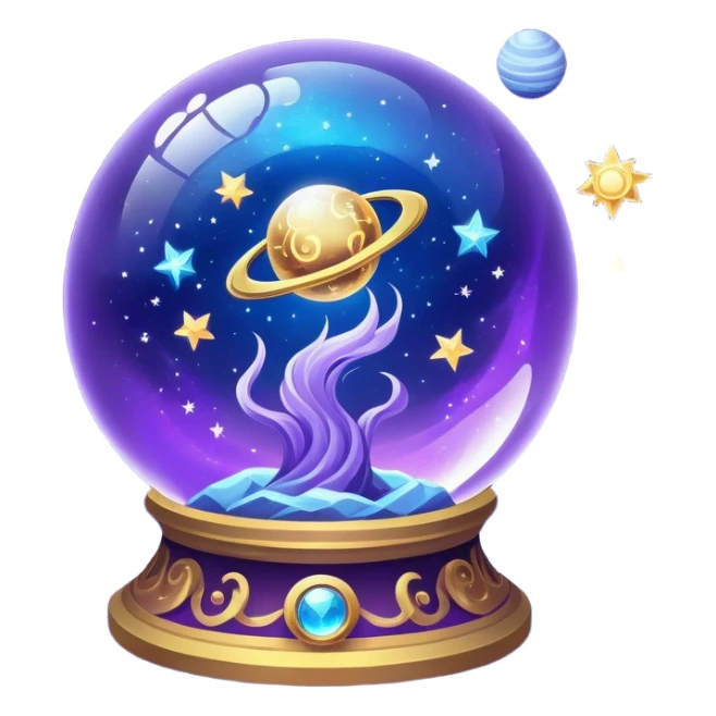 A mystical, glowing crystal ball with swirling sparkles, surrounded by zodiac signs and planets floating in space, all set against a transparent background. Use bright purples, blues, and golds to create a magical, mysterious vibe. sticker