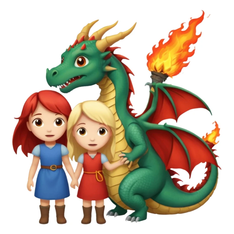 dragon burning down a house and two little girls rescuing the dragon sticker