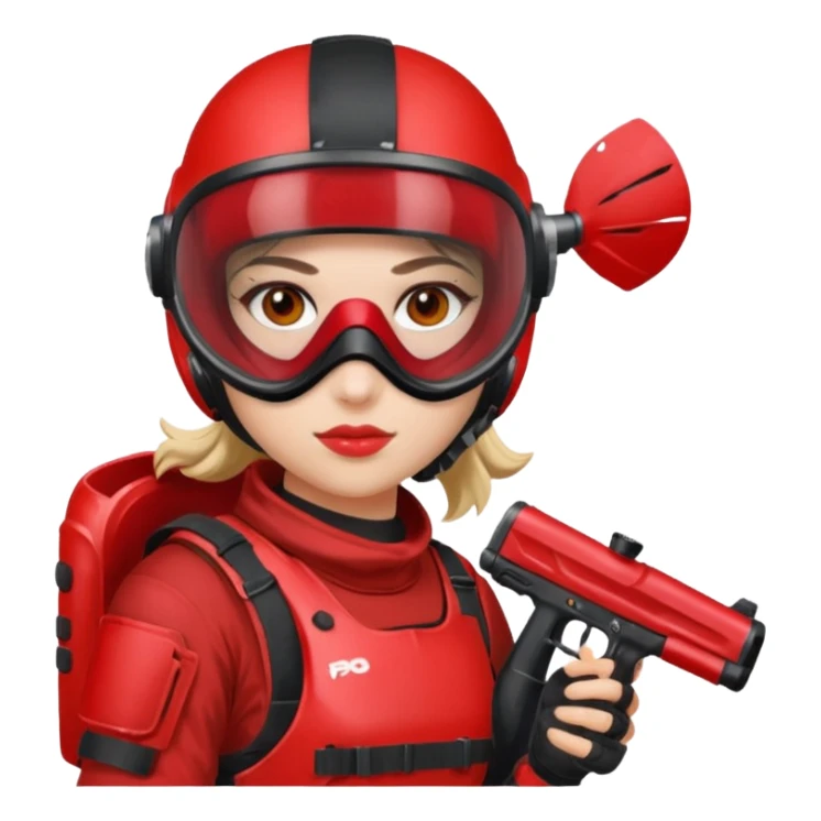 girl playing paintball with red paintball gear and only face sticker