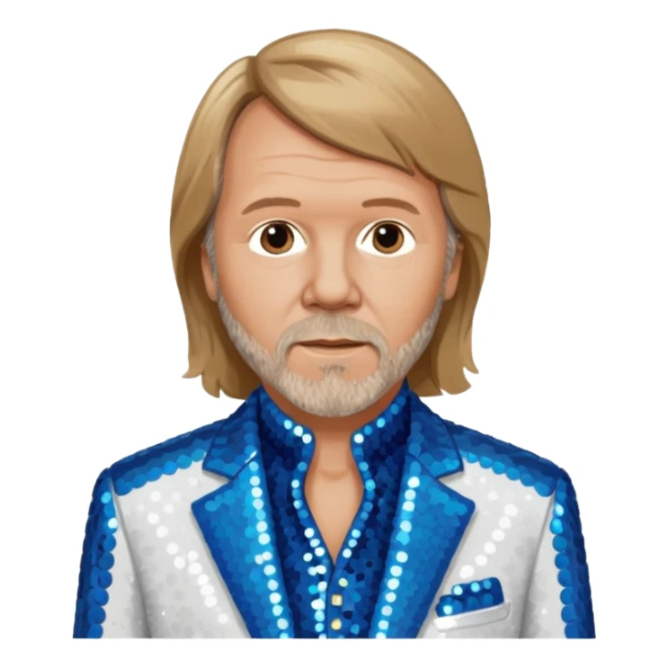 Benny Andersson from ABBA with light brown hair, blue sequin shirt, white sequin suit jacket sticker