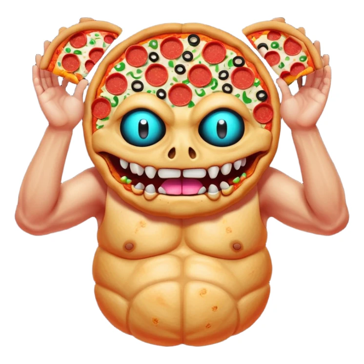 a glitch abomination with hands for a head, a baskeball stomach, pizza eyes sticker