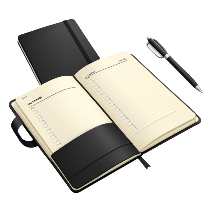 An elegant Moleskine notebook with elastic band, open to display a meeting agenda with items listed sticker