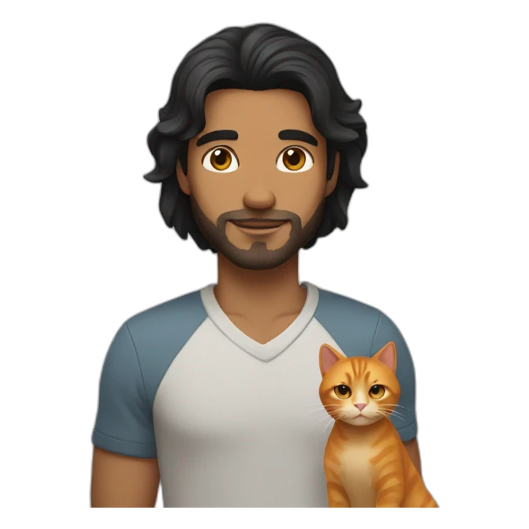 man with shoulder length black hair holding a ginger cat sticker