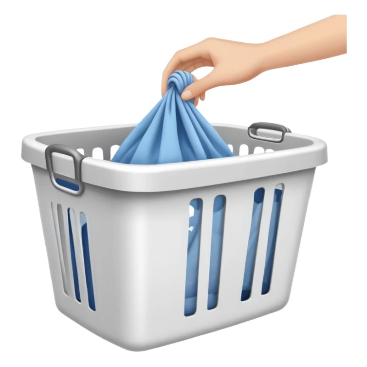 hands placing clothes in a laundry hamper, clean and clear sticker