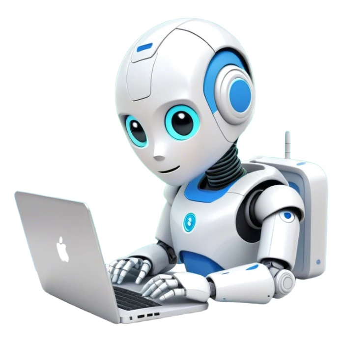 Emoji: a cute humanoid robot typing on a laptop, with lines of code appearing on the screen. The robot has a friendly expression, 3D style, minimalistic background, cool AI-inspired colors sticker