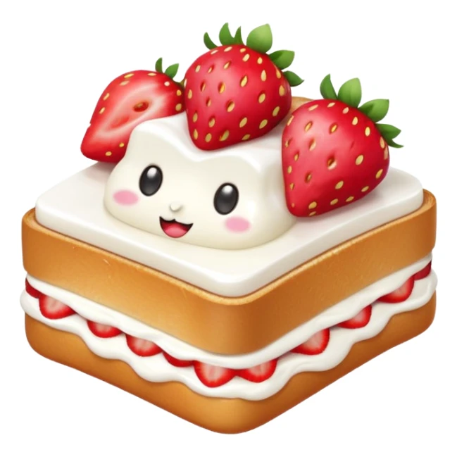 square toast topped with fluffy white cream, decorated with a strawberry bow made from two strawberry halves and a small sliced center, bright red and glossy, Clean soft shading, kawaii emoji style, centered object, no plate, no background, high detail, pastel tone sticker