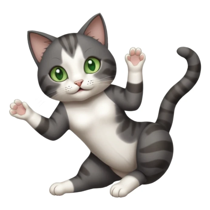 beautiful female solid dark grey cat with green eyes, white toes/paws and white patch on her chest playfully rolling upside down sticker