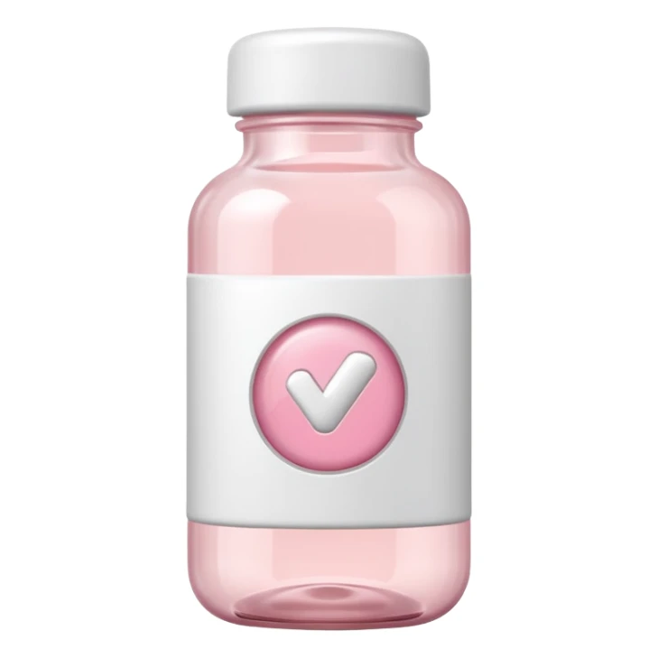 White vitamin bottle with pastel pink label, soft lighting, clean style sticker
