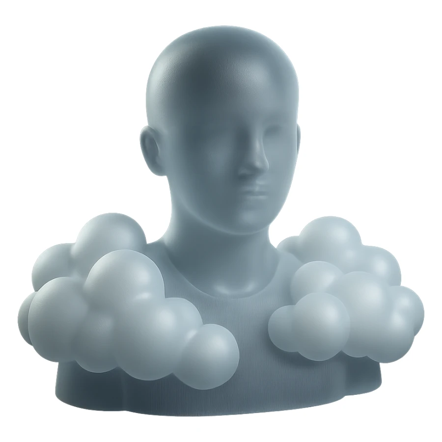person looking straight ahead, shoulders filled with convex white fluffy clouds, matte glass style sticker