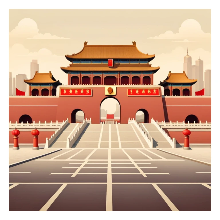 Tiananmen Square in Beijing with traditional Chinese architecture gate, sunny day, travel landmark illustration sticker
