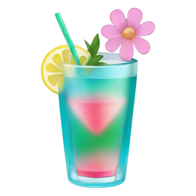 Blue/green cocktail with pink flowers and lemon and straw sticker