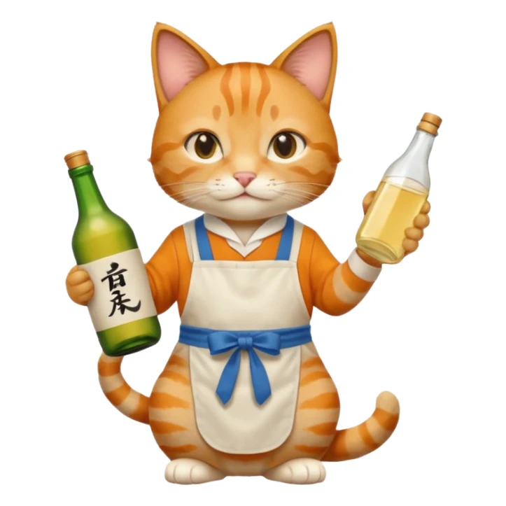 cool cat wearing an apron holding a bottle of sake sticker