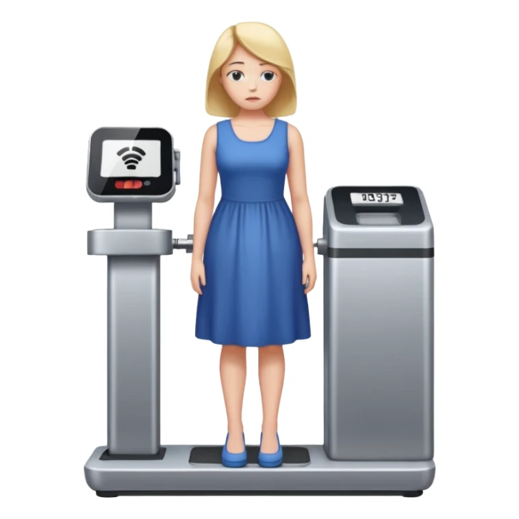 women is standing on weight check machine and she is sad because his weight is not ganaing showing weight also sticker