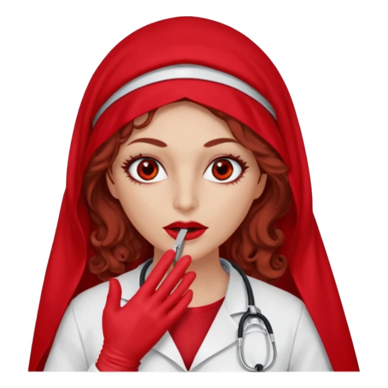 Lilith scalpel in hand, evil surgeon sexy surgeon clothes.  She has red eyes. She brown long curly hair. Wears sexy doctor outfit with red gloves. Wears red burka Covers mouth neck and nose with red burka to hide her identity sticker