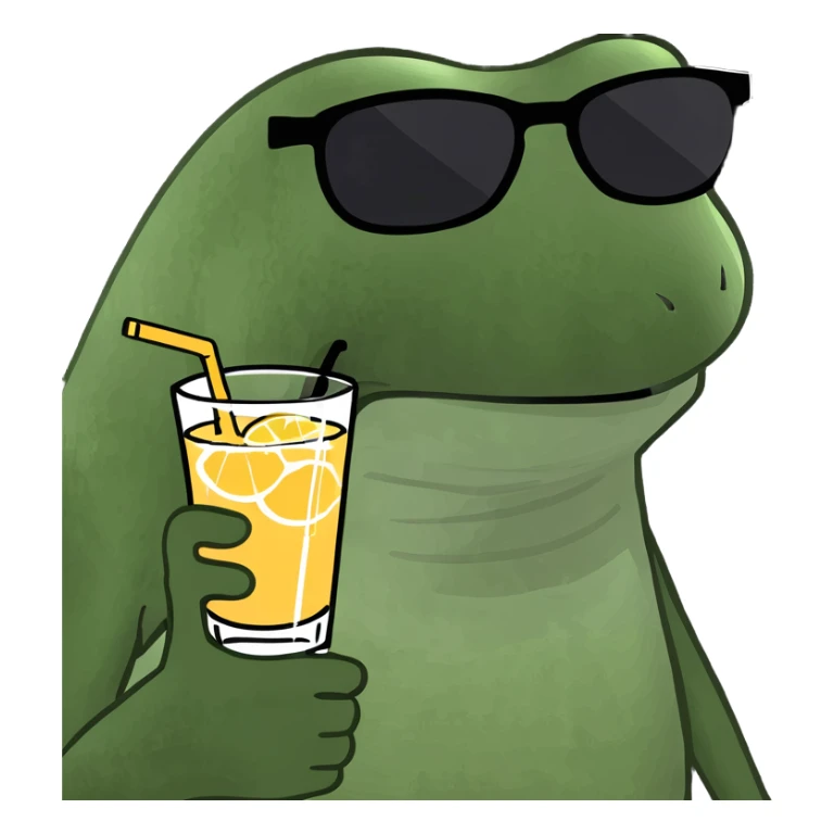 bufo frog relaxing on a tropical beach, wearing sunglasses, with a drink in hand sticker