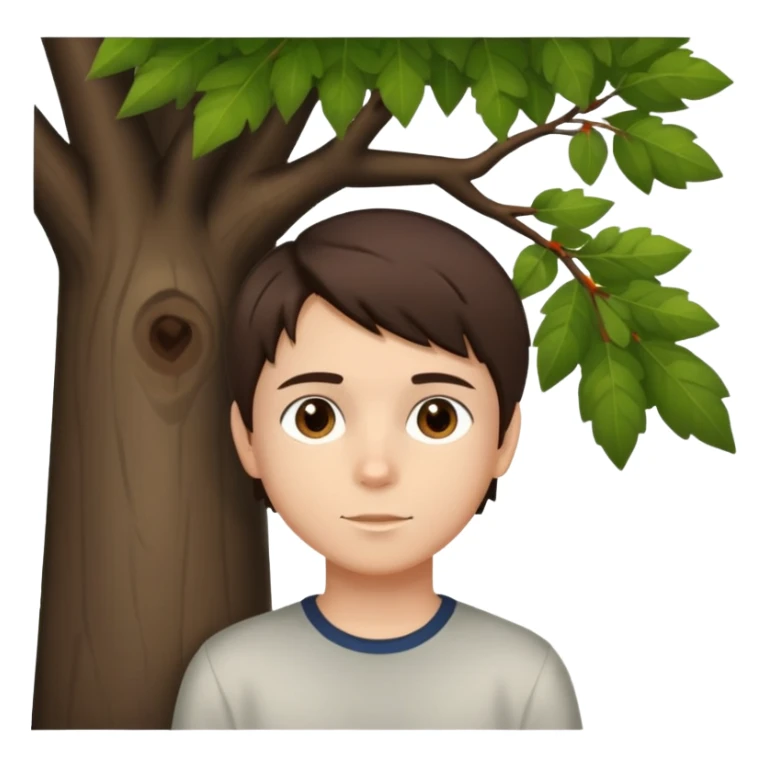 boy with straight short brunette hair brown eyes and tree behind sticker