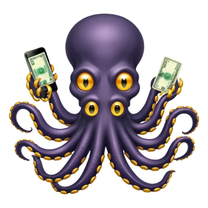 Intimidating octopus with pearl black skin, neon suction cups. Evil glaring eyes. Wearing a thick gold chain. 3 tentacles are holding their own cellphone, 2 other tentacles are holding stacks of money sticker