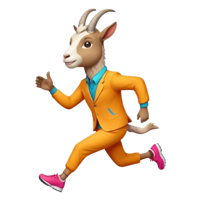 friendly anthropomorphised goat jogging upright in a colourful suit, relaxed pose sticker